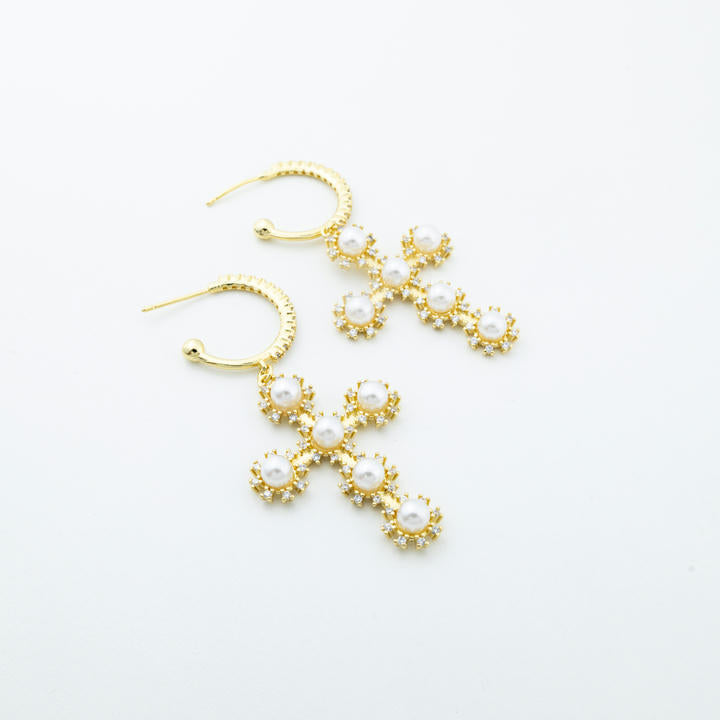 Aida Pearl and Zirconia Cross Earrings