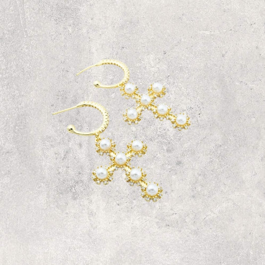 Aida Pearl and Zirconia Cross Earrings