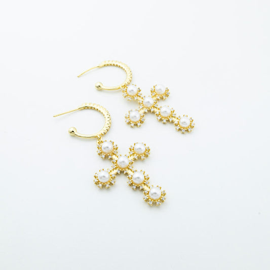 Aida Pearl and Zirconia Cross Earrings